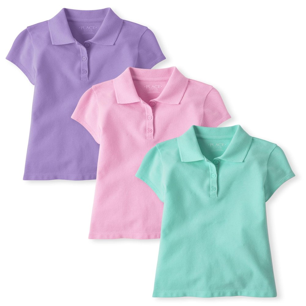The Children's Place,Girls,Multipack Short Sleeve Pique Polos,Seafrost/Sparkle Pink/Purple 3-Pack,X-Small
