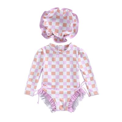 Toddler Infant Baby Girl Swimsuit Long Sleeve Rash Guard One-Piece Floral Zipper Bathing Suit Beach Wear(Purple-Plaid hat,0-3 Months)