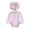 Toddler Infant Baby Girl Swimsuit Long Sleeve Rash Guard One-Piece Floral Zipper Bathing Suit Beach Wear(Purple-Plaid hat,0-3 Months) view 1