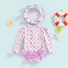Toddler Infant Baby Girl Swimsuit Long Sleeve Rash Guard One-Piece Floral Zipper Bathing Suit Beach Wear(Purple-Plaid hat,0-3 Months) view 3