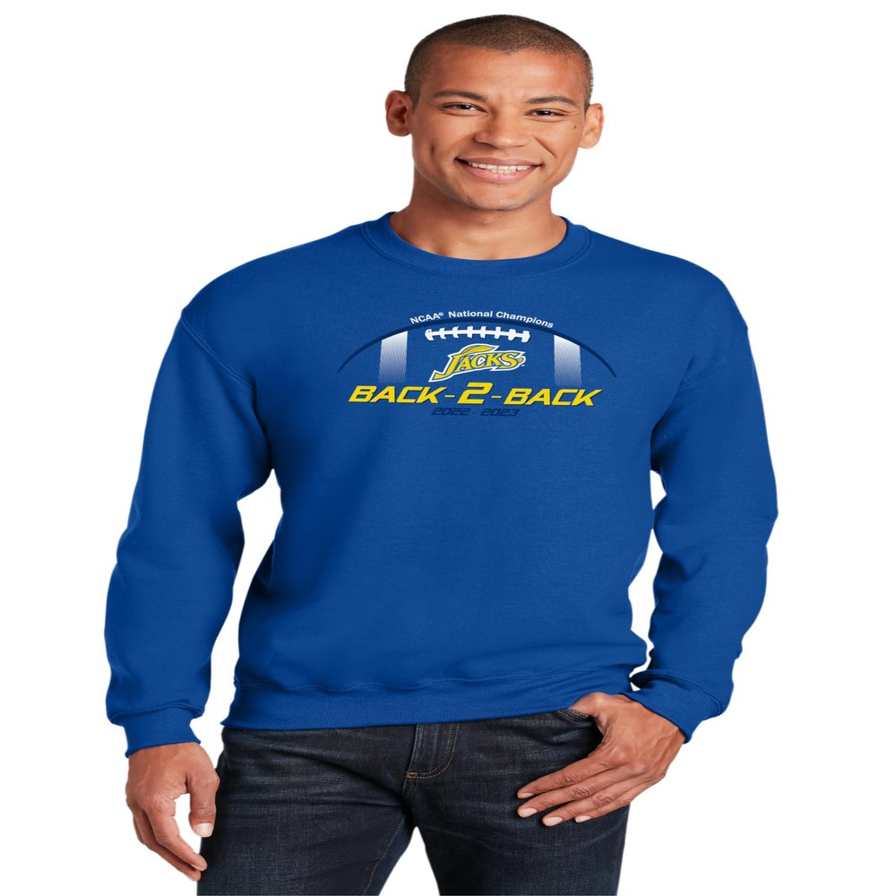 CornBorn South Dakota State Jackrabbits Crewneck Sweatshirt - Fleece Back-2-Back Football National Champions - Royal Blue - 2X