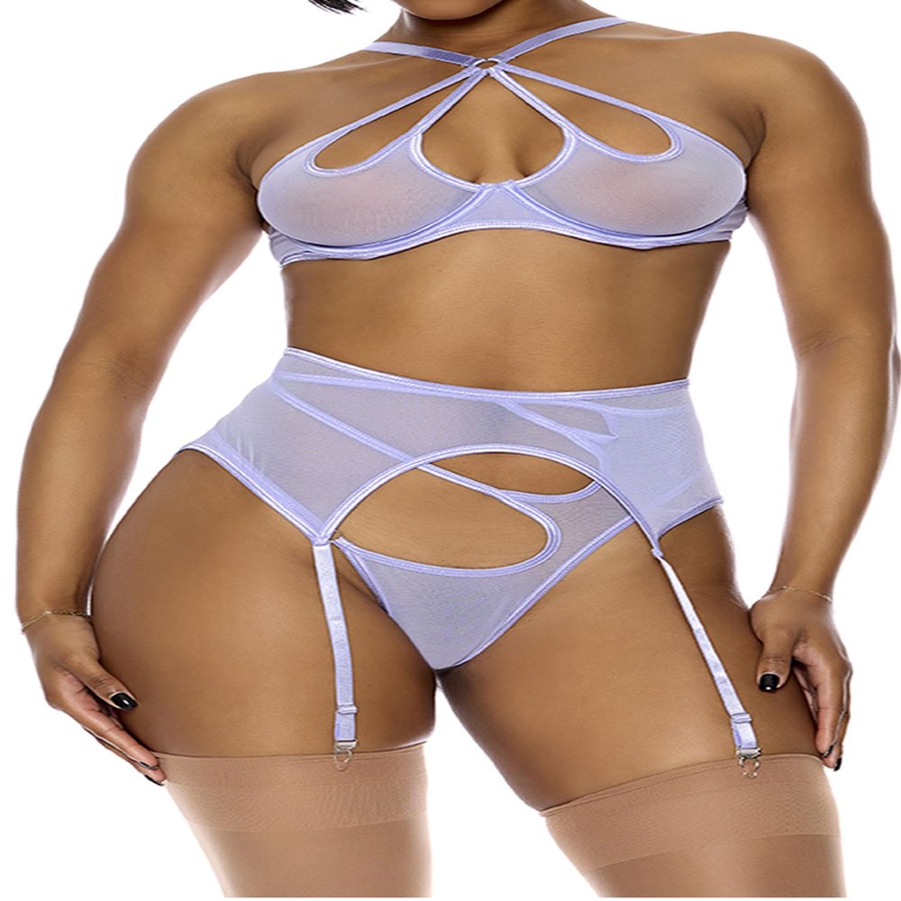 Forplay Women's Feeling Butterflies Mesh Halterneck Bra Lingerie Set, Lavender, L