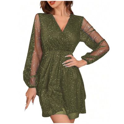 Women's V Neck Long Sleeve A-Line Midi Length Wedding Guest Dress Loose Summer Casual Flowy Swing Party Mesh Dresses Army Green