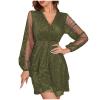 Women's V Neck Long Sleeve A-Line Midi Length Wedding Guest Dress Loose Summer Casual Flowy Swing Party Mesh Dresses Army Green view 1