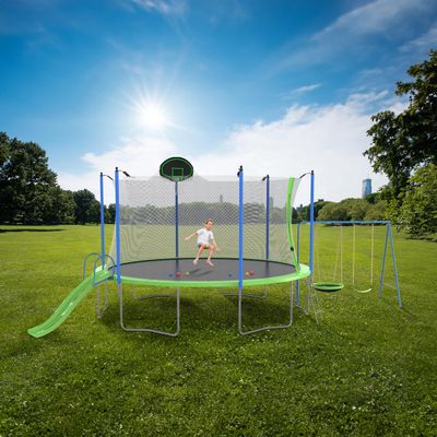 Acosure 12FT Trampoline with Slide and Swings, Recreational Bounce Bed Basketball Hoop & Ladder,Outdoor Backyard Trampoline W/Net for Kids Adults,ASTM Approved,Easy to Install,Green