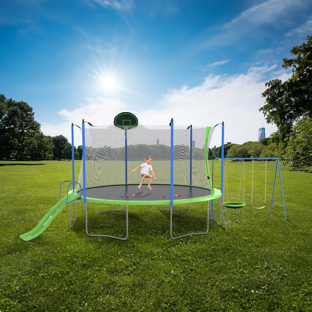 Acosure 12FT Trampoline with Slide and Swings, Recreational Bounce Bed Basketball Hoop & Ladder,Outdoor Backyard Trampoline W/Net for Kids Adults,ASTM Approved,Easy to Install,Green