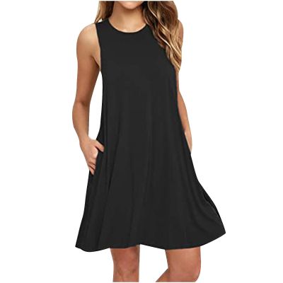 NineFit Basics Overstock Outlet Womens Casual Summer Dress 2024 Vacation Trendy Swing Beach Dress Flowy Midi Dress Loose Sleeveless Crew Neck Sundress Black, Medium