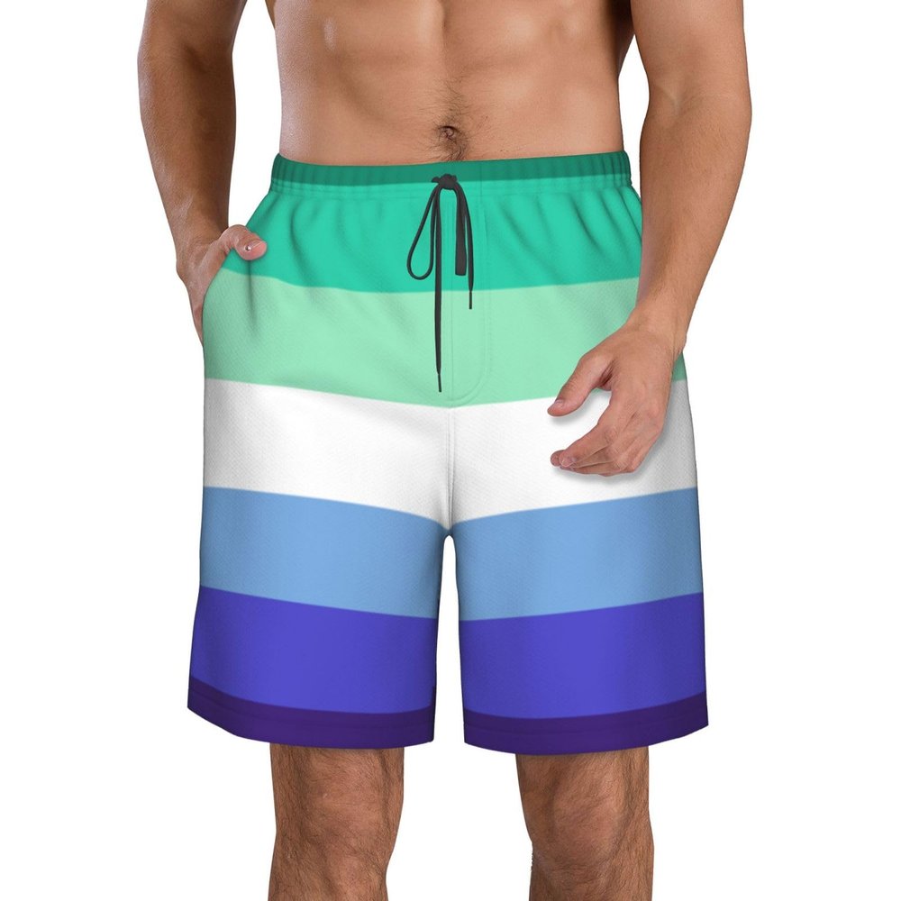 TEEMAD Mlm Pride Flag Gay Man Pride Boardshorts Summer Beach Workout Shorts Drawstring Swim Pants Quick Dry Swim Shorts for Mens White, Large