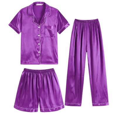 Hupohoi Unisex Girls Boys Kids Pajama Sets Button Down Satin Sleepwear Nighty 3PCS Silky Lounge Sets Nightwear Short Sleeve Long Pants, 3pcs-Bright Purple, 8