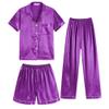Hupohoi Unisex Girls Boys Kids Pajama Sets Button Down Satin Sleepwear Nighty 3PCS Silky Lounge Sets Nightwear Short Sleeve Long Pants, 3pcs-Bright Purple, 8 view 1