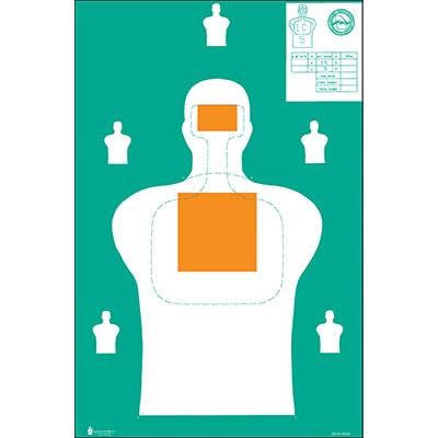 24 Pk, Modified Georgia Public Safety Training Center Target Sqt A-1 Silhouette with Additional High Visibility Hit Zones Size: 23" X 35". Green & Orange