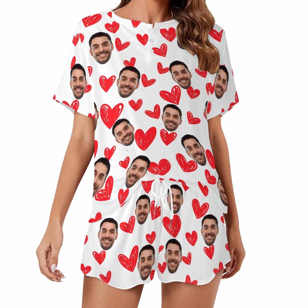 Artsadd Custom Christmas Pajamas Set With Photo Women Personalized Face Sleepwear Pjs Funny Xmas Holiday Lounge Set Gift(Heart-White,S)