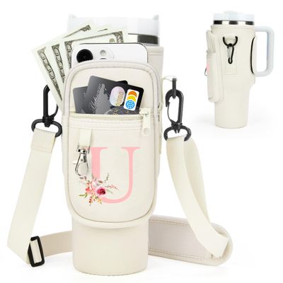 Initial Water Bottle Holder with Strap for Stanley Cup Accessories 40 oz Tumbler/Simple Modern Tumbler Bag, Water Bottle Carrier Bag with Strap,Personalized Valentine's Day Gift for Women,Her & Girls
