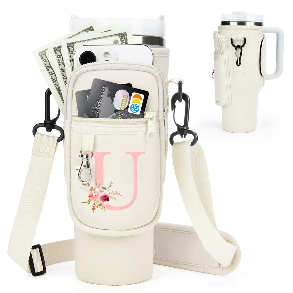 Initial Water Bottle Holder with Strap for Stanley Cup Accessories 40 oz Tumbler/Simple Modern Tumbler Bag, Water Bottle Carrier Bag with Strap,Personalized Valentine's Day Gift for Women,Her & Girls