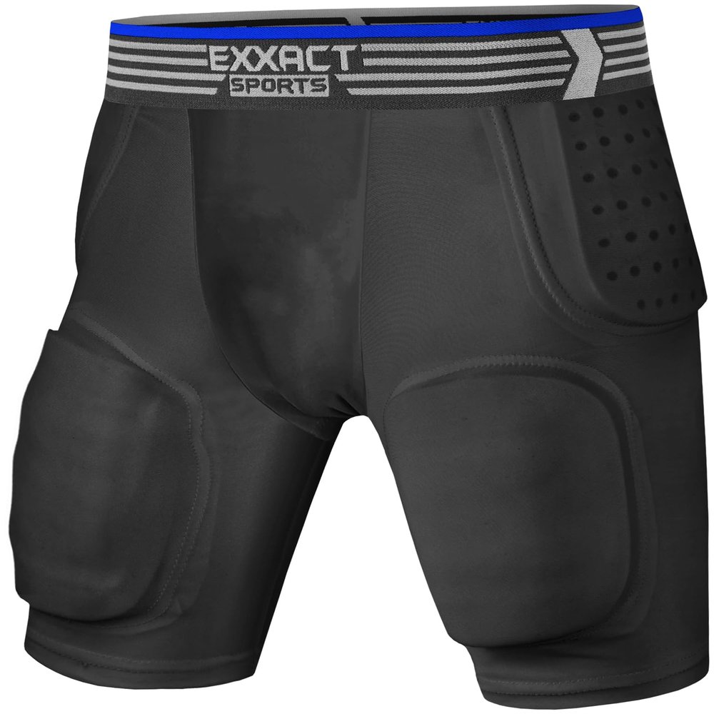 Exxact Sports Rebel 5-Pad Youth Football Girdle with Cup Pocket, Lightweight Padded Compression Shorts with Integrated Hip, Thigh, Tailbone Pads, Boys Girdle Football (Black, YM)