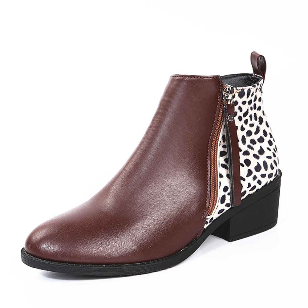 HINDOLA Ankle Booties for Women Almond Toe Low Heel Chunky Block Stacked Heels Boots Slip On Side Zipper Boots Leather Short Black Boots