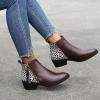 HINDOLA Ankle Booties for Women Almond Toe Low Heel Chunky Block Stacked Heels Boots Slip On Side Zipper Boots Leather Short Black Boots view 2