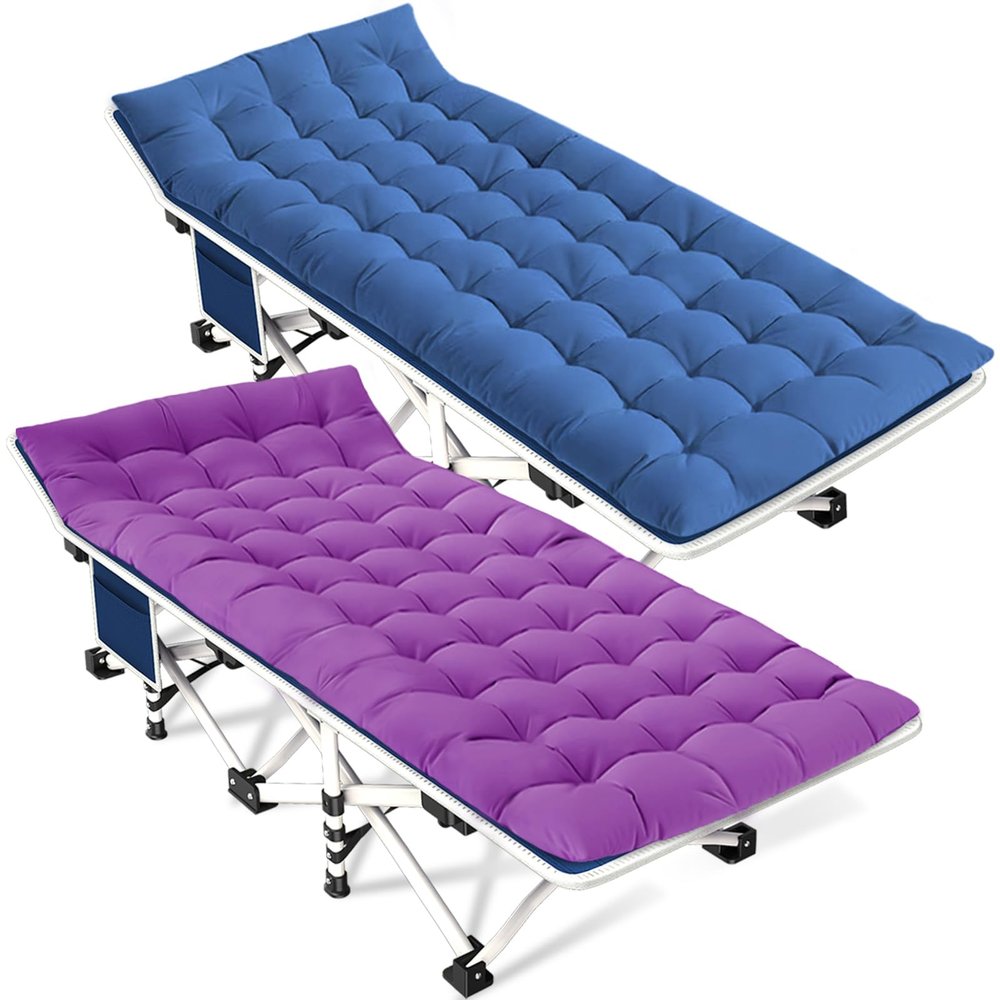 GETOVIN Camping Cot with Comfortable Mattress 2 Pack Blue and Purple Cots for Sleeping Camping Bed Folding Cot Guest Bed Easy to Setup Sturdy with Carry Bag for Indoor Outdoor