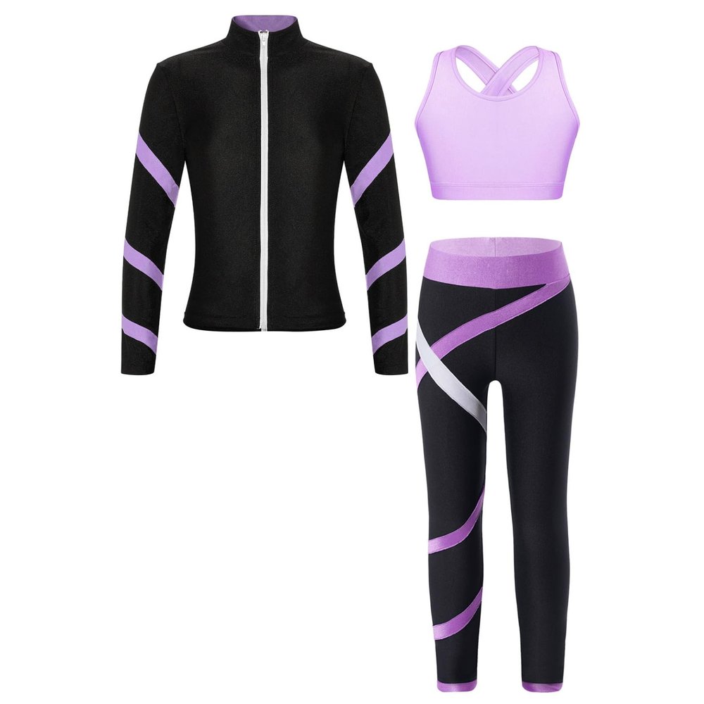Loyan Girls' 3 Piece Gymnastics Sports Workout Athletic Leggings with Tank Tops Fitness Outfits Sets Tracksuit Lavender 8 Years