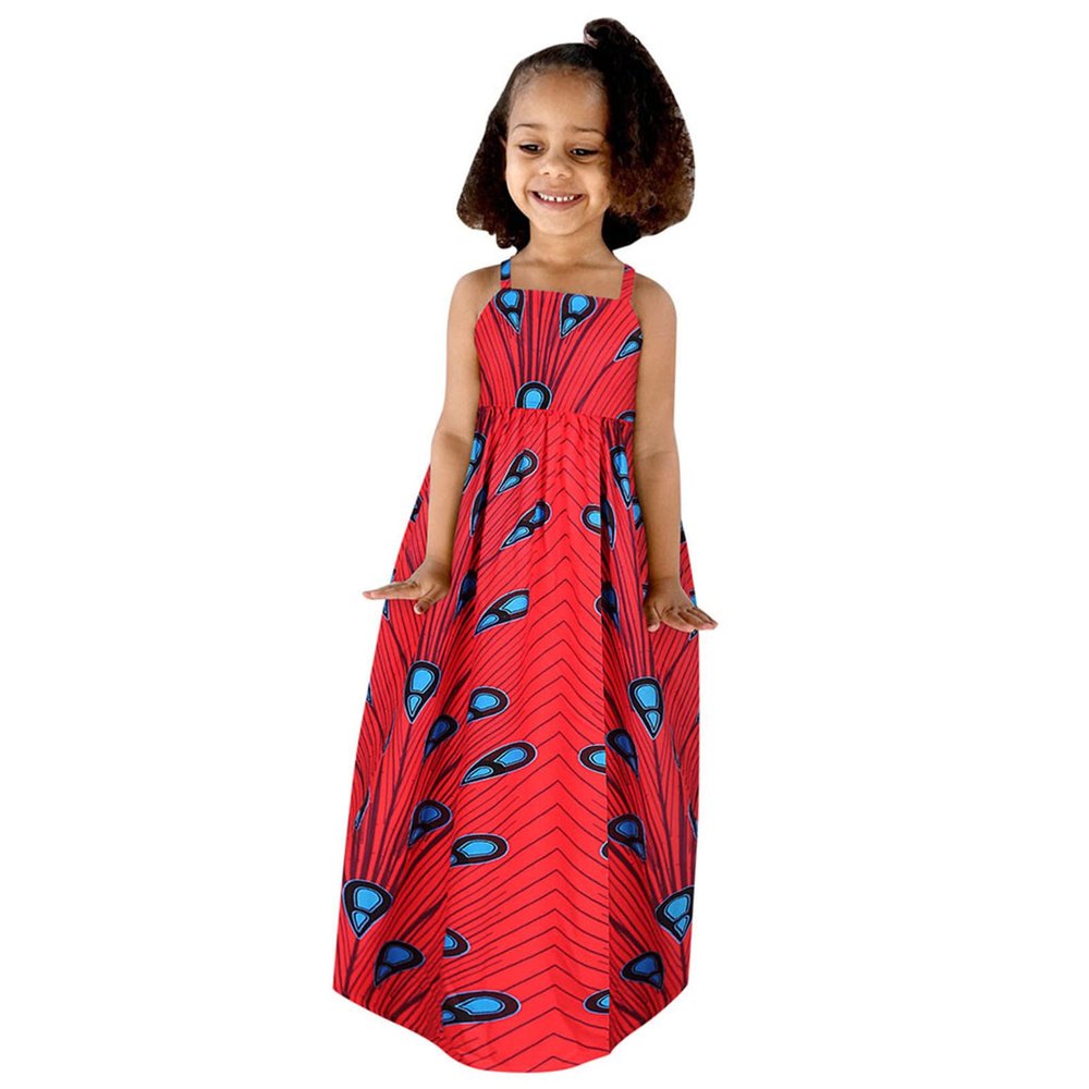 16Y Strap Outfits Kids Girls Ankara Dresses Traditional Dashiki Dress Princess Backless Sleeveless (Red #2, 5-6 Years)