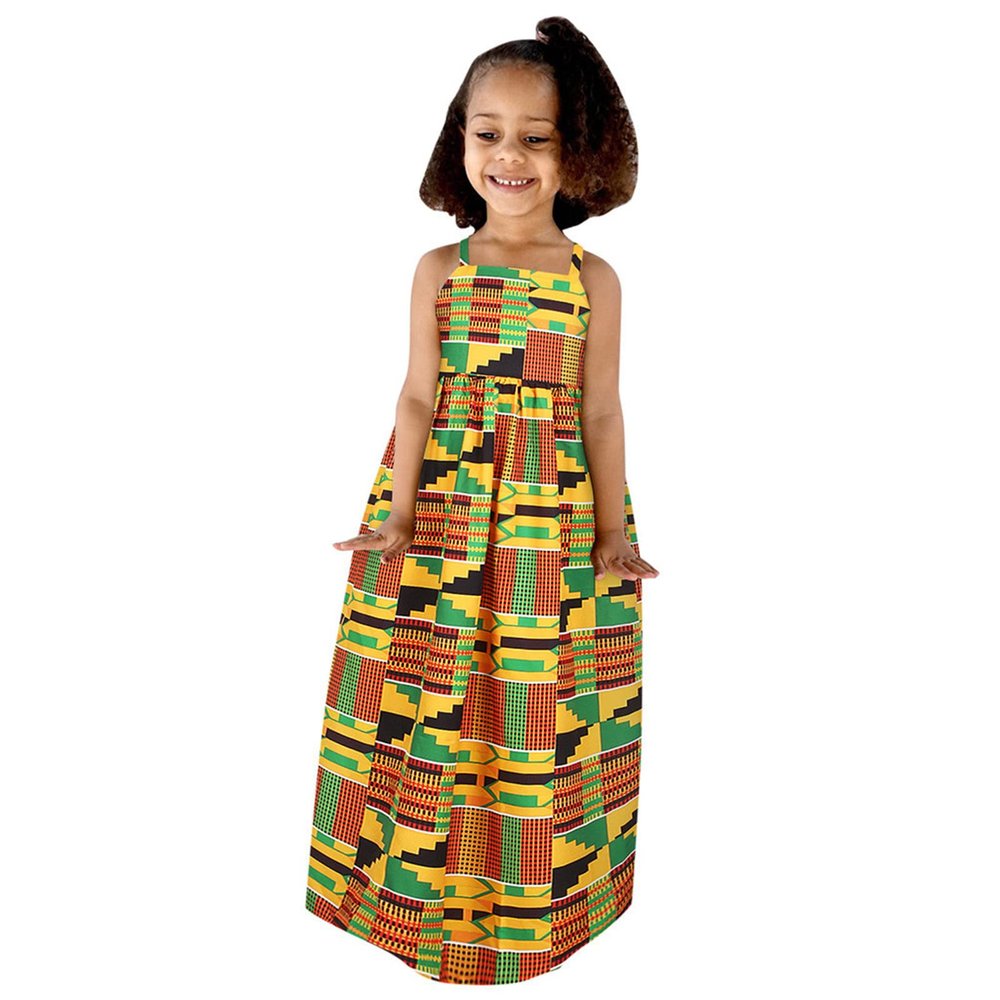 16Y Strap Outfits Kids Girls Ankara Dresses Traditional Dashiki Dress Princess Backless (Yellow #2, 1-2 Years)