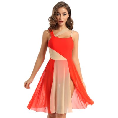 Yartina Women Lyrical Dance Dress Sleeveless Asymmetric Chiffon Ballet Dance Leotard Dress High-Low Skirt Orange A Large