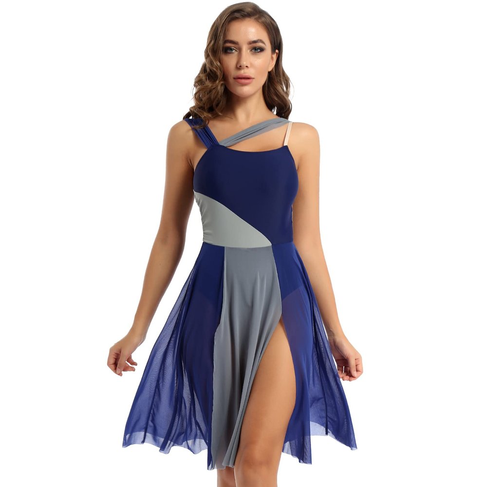 Yartina Women Lyrical Dance Dress Sleeveless Asymmetric Chiffon Ballet Dance Leotard Dress High-Low Skirt Navy Blue A Medium