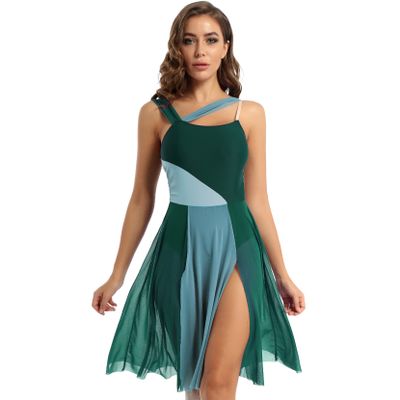 Yartina Women Lyrical Dance Dress Sleeveless Asymmetric Chiffon Ballet Dance Leotard Dress High-Low Skirt Green A Large