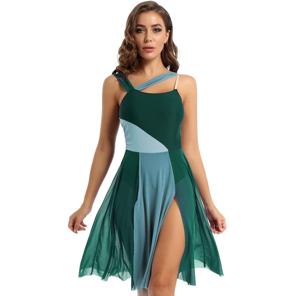 Yartina Women Lyrical Dance Dress Sleeveless Asymmetric Chiffon Ballet Dance Leotard Dress High-Low Skirt Green A Large