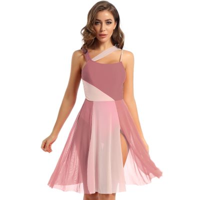 Yartina Women Lyrical Dance Dress Sleeveless Asymmetric Chiffon Ballet Dance Leotard Dress High-Low Skirt Brown A Medium
