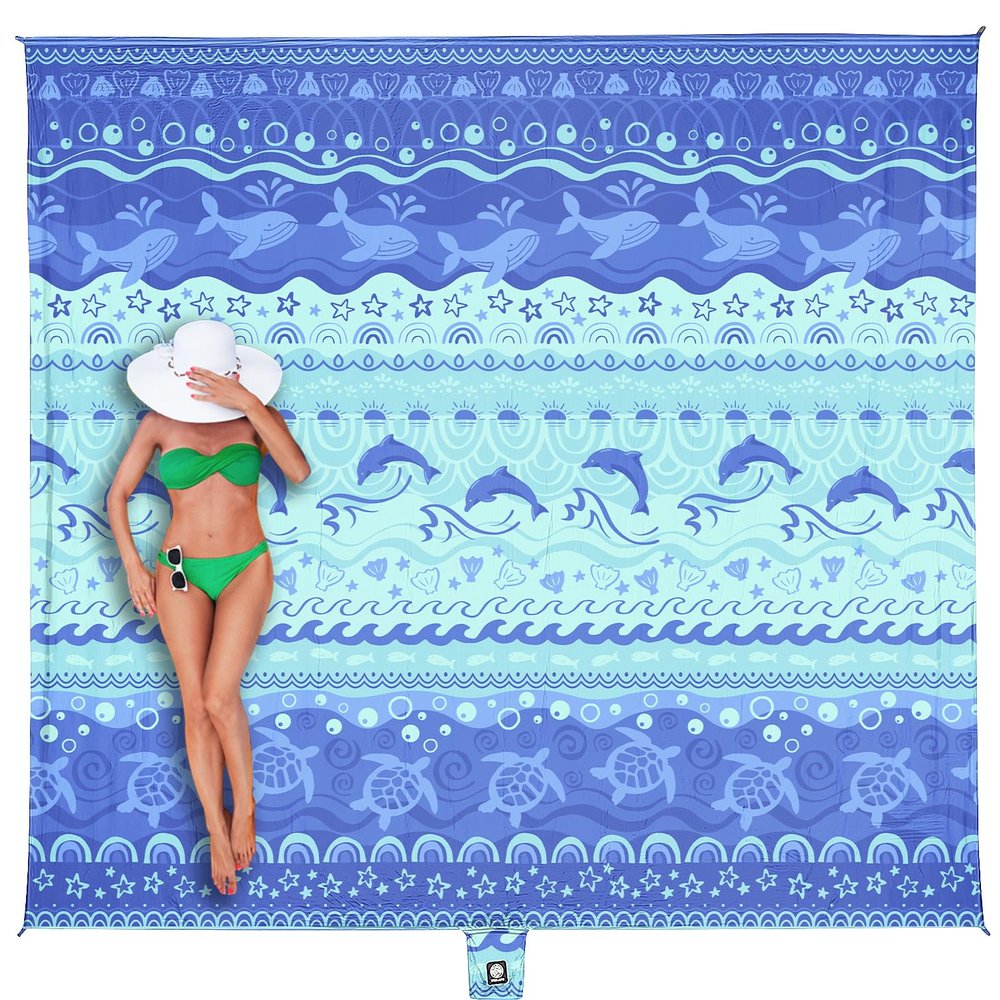 WEKAPO Beach Blanket Waterproof Sandproof Oversized Extra Large Sand Free Beach Mat with Stakes, Storage Bag - Essentials for Outdoor Beach, Picnic (Bohemian Sealife, 8 X 7 FT (1~4 Person))