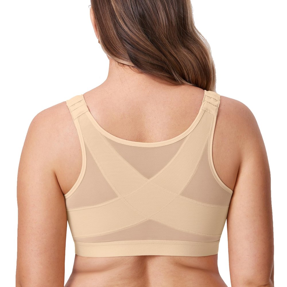 DELIMIRA Women's Front Closure Posture Wireless Back Support Full Coverage Bra Light Oatmeal 34B