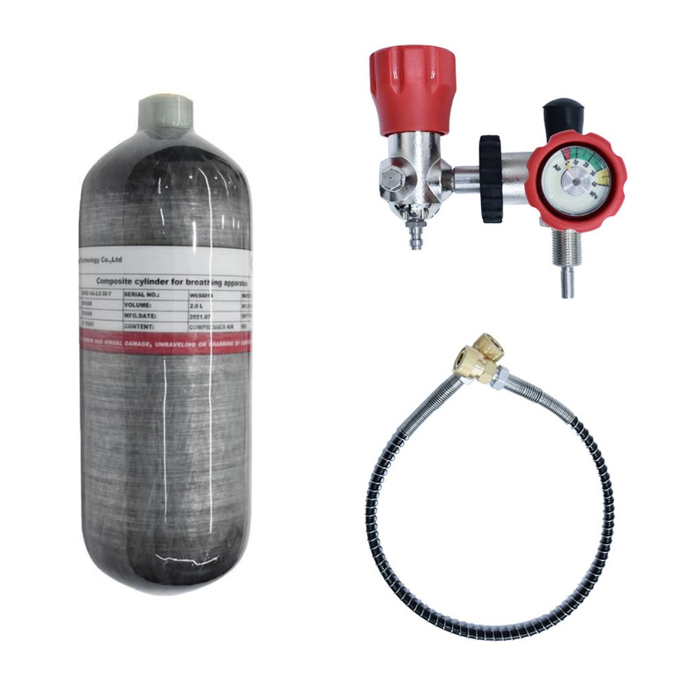 TUXING 4500psi Pcp Air Tank, 2L 122Cu in Carbon Fiber Tank, HPA Pcp Airgun Charging Tank Airforce Condor Gauge Valve Filling Station for PCP Paintball HPA Scuba(Empty Bottle)