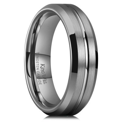 King Will Tungsten Carbide Wedding Band for Men Women-6mm Gunmetal Gray with Grooved Center Wedding Ring Suitable for Work, Gym Comfort Fit Size 7