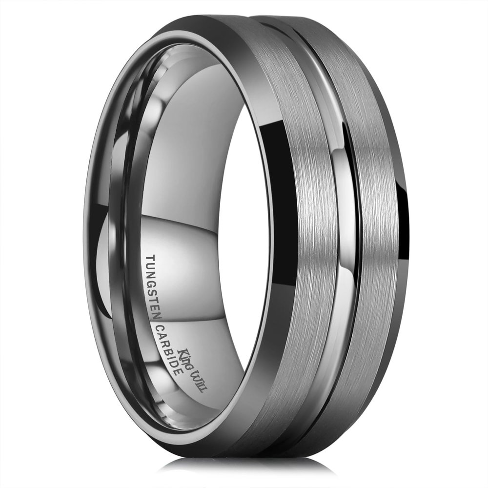 King Will Tungsten Carbide Wedding Band for Men Women-8mm Gunmetal Gray with Grooved Center Wedding Ring Suitable for Work, Gym Comfort Fit Size 11.5
