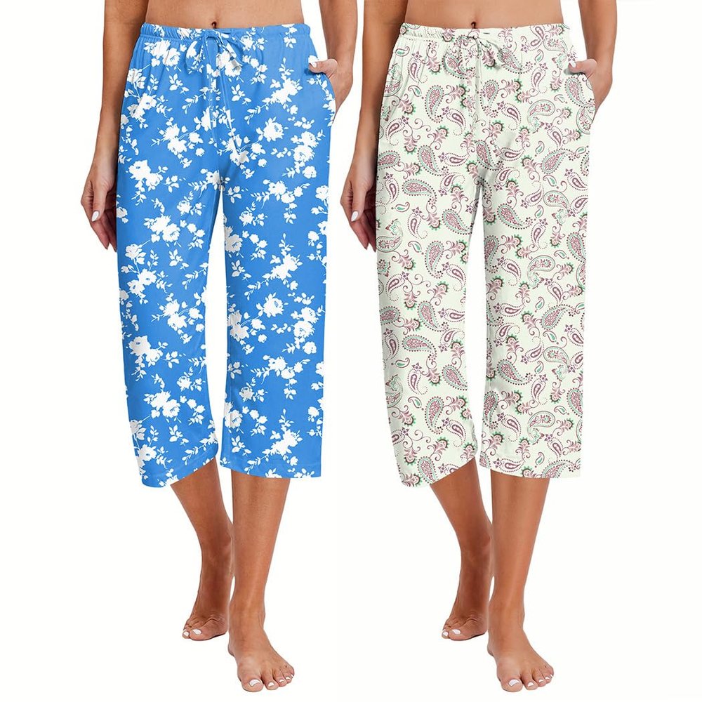 Ekouaer 2 Pack Womens Printed Capri Pajama Pants Drawstring PJ Bottoms