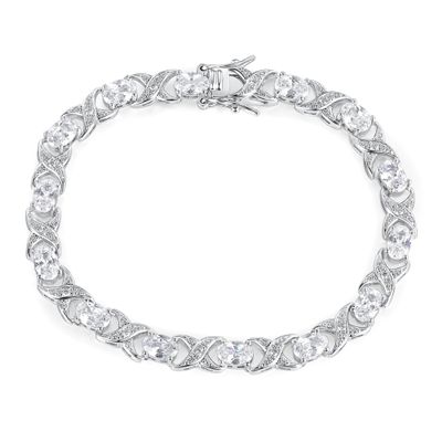 Gemsme Oval Tennis Bracelets for Women, Silver Tennis Bracelet with 4x6mm Oval Cubic Zirconia, 18K White Gold Plated X-Shape Classic Diamond Tennis Bracelet for Women/Men - Size 8 inch