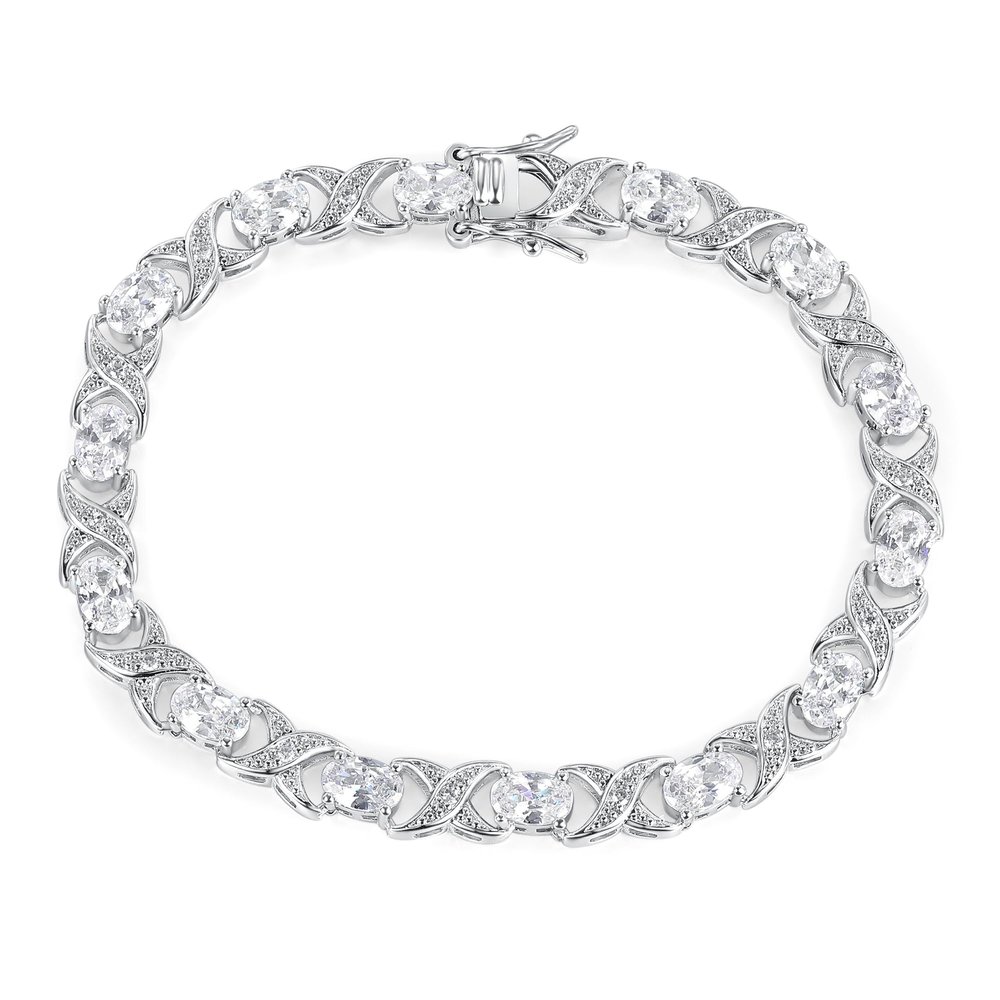 Gemsme Oval Tennis Bracelets for Women, Silver Tennis Bracelet with 4x6mm Oval Cubic Zirconia, 18K White Gold Plated X-Shape Classic Diamond Tennis Bracelet for Women/Men - Size 8 inch