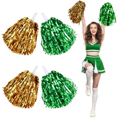 Hanaive 4 Pcs Pom Poms Cheerleading Spirited Fun Cheer Metallic Foil Handle Squad Team for Party, Sports Dance, 30 Grams Weight Each(Gold, Green)