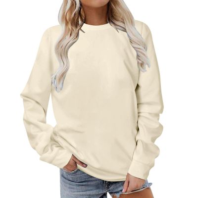 amaon warehouse sale Tops for Women Trendy Plus Size Crew Neck Casual Long Sleeve Sweatshirts Tops Fleece Pullover Teen Girls Y2K Clothes Beige