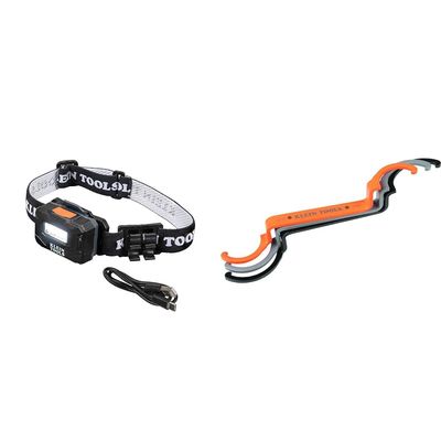 Klein Tools 56049 Rechargeable Headlamp/LED Lights, Adjustable Fabric Strap & 50900R Conduit Lockout Wrench Set, Tighten and Loosen Locknuts in Tight Spaces, 1/2