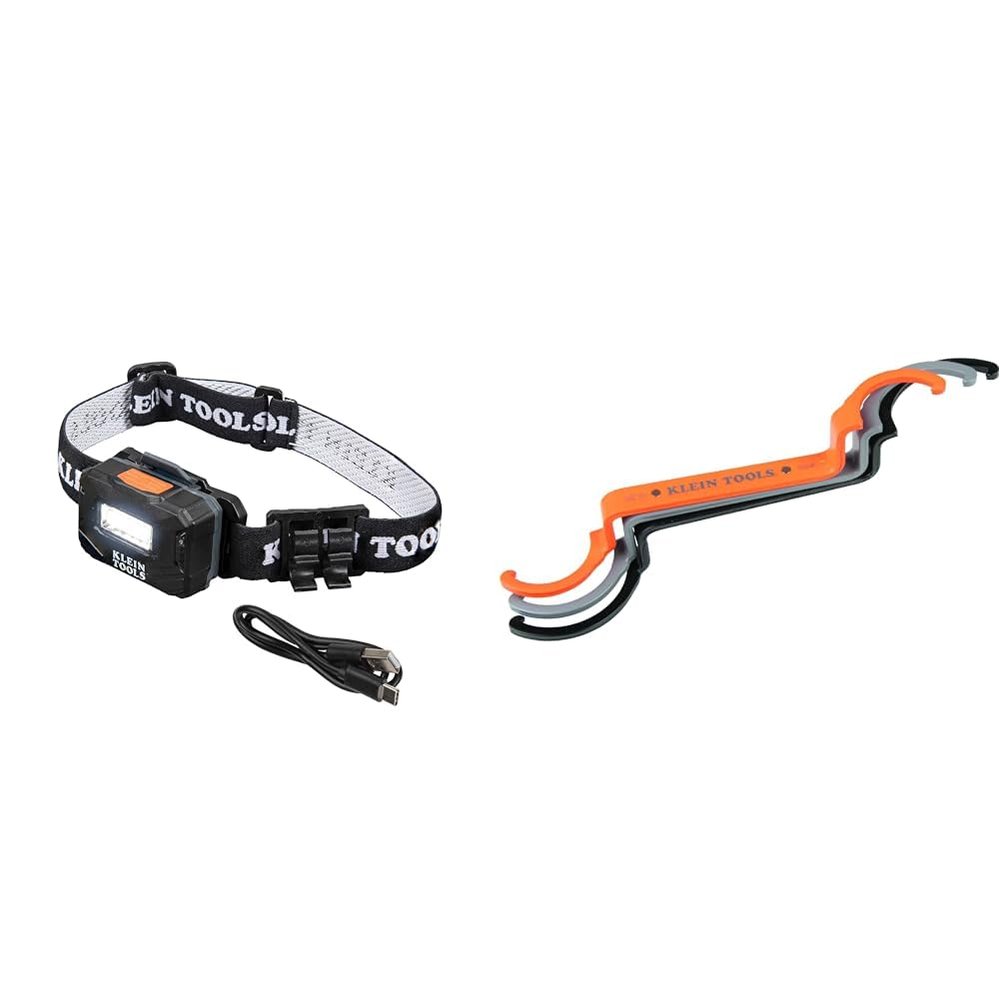 Klein Tools 56049 Rechargeable Headlamp/LED Lights, Adjustable Fabric Strap & 50900R Conduit Lockout Wrench Set, Tighten and Loosen Locknuts in Tight Spaces, 1/2