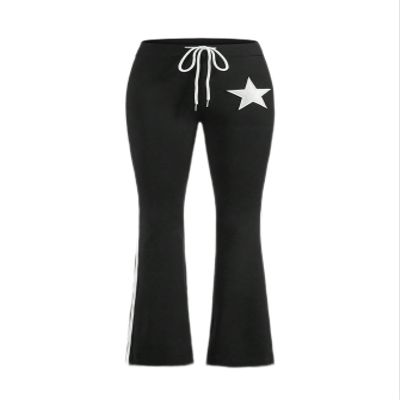 Cryba Women's Pants Star Print Striped Side Drawstring Waist Flare Leg Pants Pant for Women (Color : Black, Size : Large)