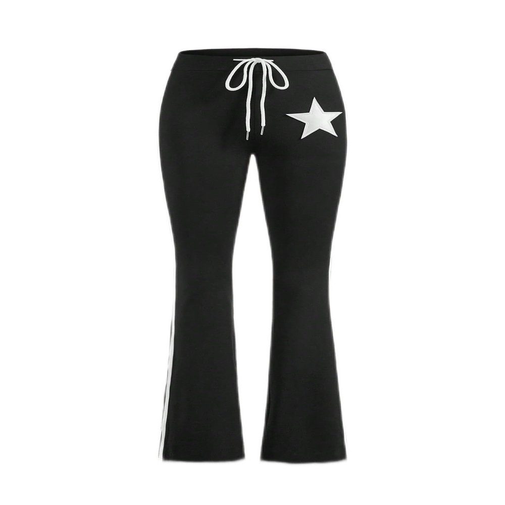 Cryba Women's Pants Star Print Striped Side Drawstring Waist Flare Leg Pants Pant for Women (Color : Black, Size : Large)