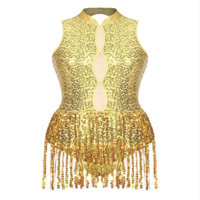 winying Women's Shiny Sequin Tassel Latin Jazz Dance Leotard Mesh Patchwork Bodysuit Dance Costume Gold A X-Large