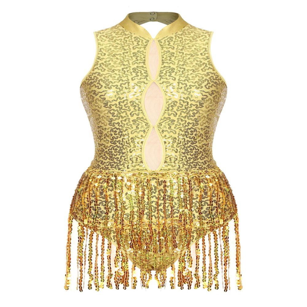 winying Women's Shiny Sequin Tassel Latin Jazz Dance Leotard Mesh Patchwork Bodysuit Dance Costume Gold A X-Large