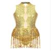 winying Women's Shiny Sequin Tassel Latin Jazz Dance Leotard Mesh Patchwork Bodysuit Dance Costume Gold A X-Large view 1