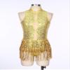 winying Women's Shiny Sequin Tassel Latin Jazz Dance Leotard Mesh Patchwork Bodysuit Dance Costume Gold A X-Large view 2