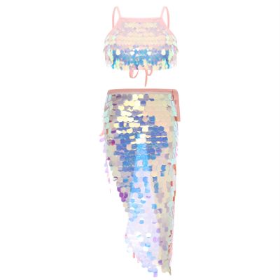 Hedmy Womens Glitter Sequin Tassel Crop Top with Belly Dance Hip Skirt Scarf Wrap Rave Skirt Outfits Pink Medium