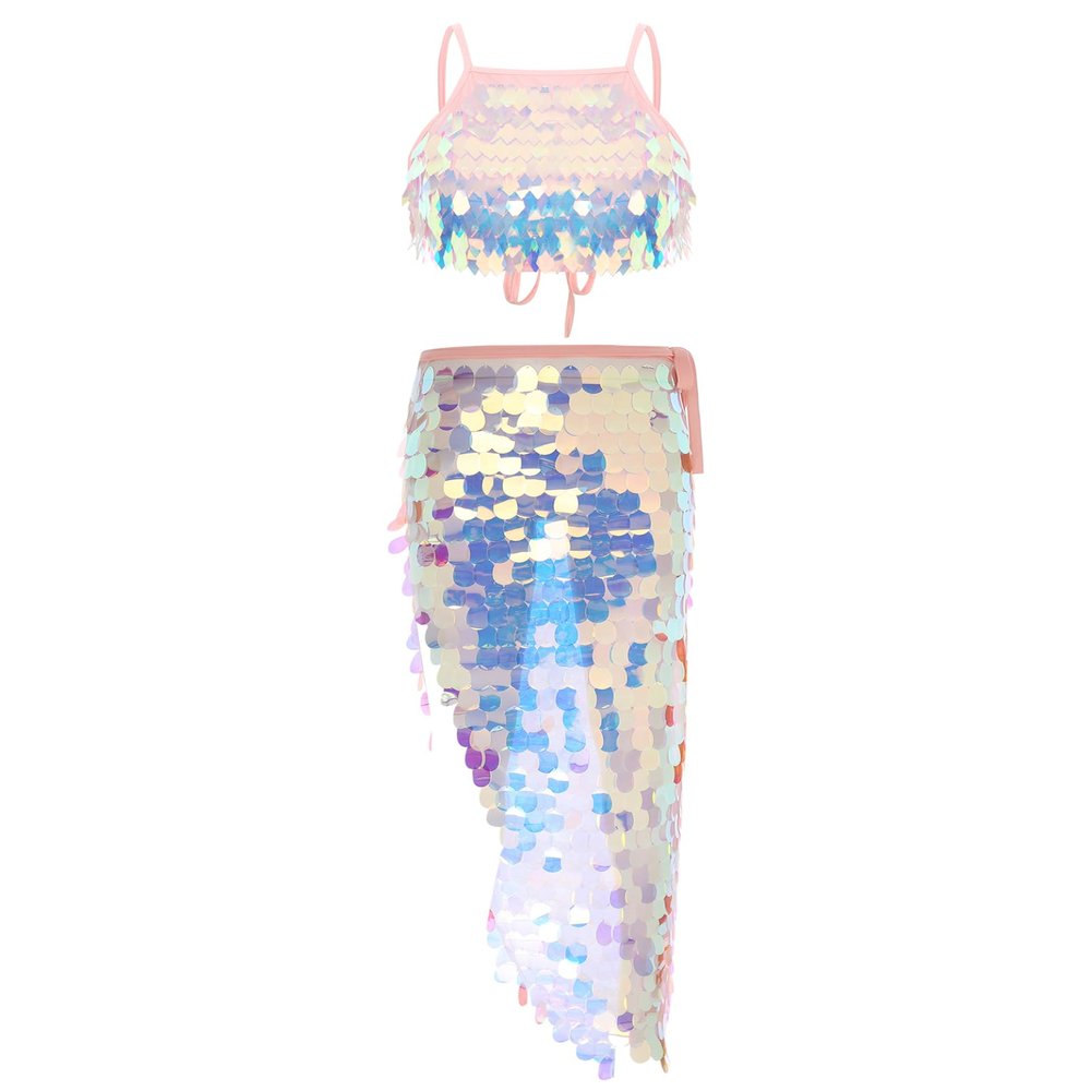 Hedmy Womens Glitter Sequin Tassel Crop Top with Belly Dance Hip Skirt Scarf Wrap Rave Skirt Outfits Pink Medium
